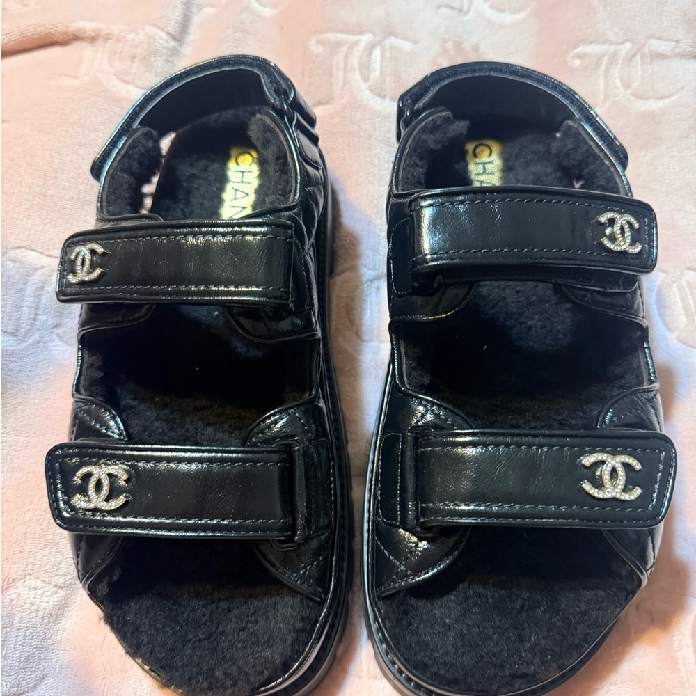 CHANEL Black Leather Sandals, Rare with crystals and fur. Size US 8